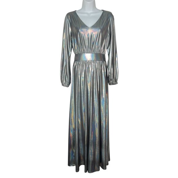 NWT New York Co Metallic Maxi Dress Iridescent Silver Balloon Sleeve Party XS - Picture 2 of 12